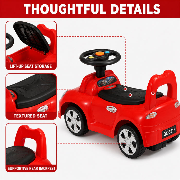 Toddler Ride-On Car with Storage, Red, Foot-to-Floor Play, Music, Model QX-3316