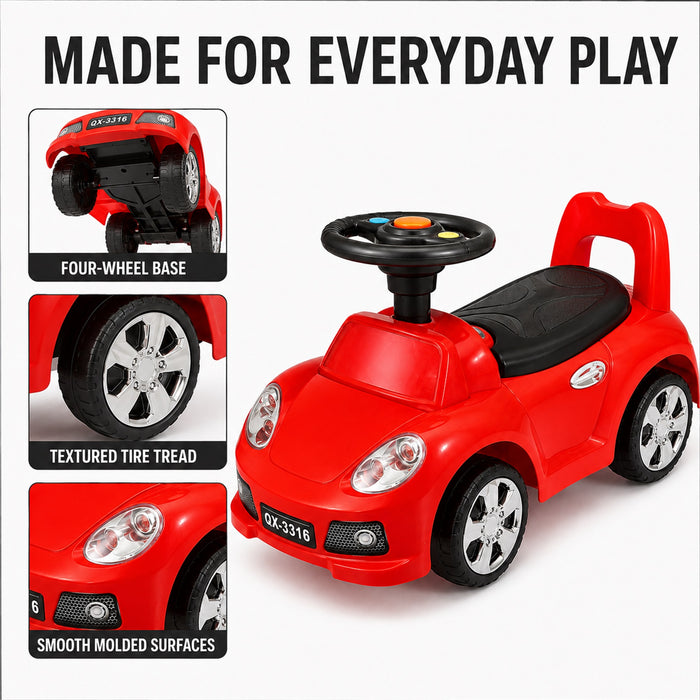 Toddler Ride-On Car with Storage, Red, Foot-to-Floor Play, Music, Model QX-3316