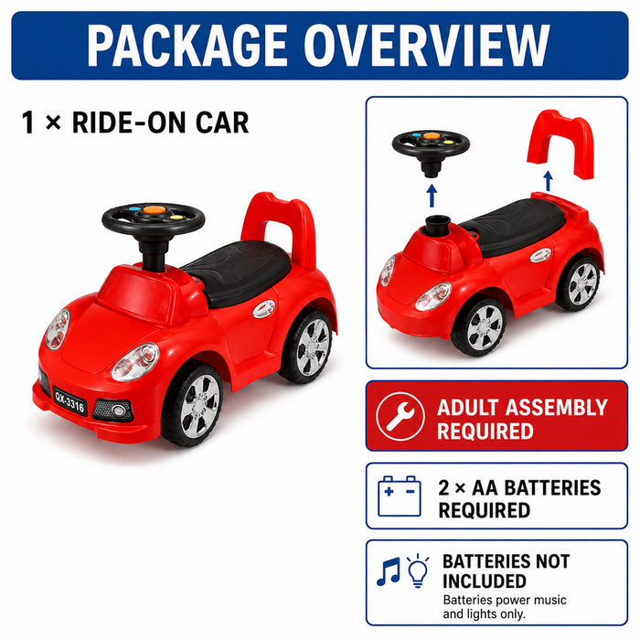 Toddler Ride-On Car with Storage, Red, Foot-to-Floor Play, Music, Model QX-3316