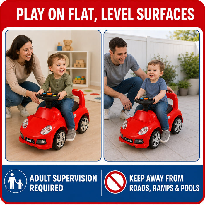 Toddler Ride-On Car with Storage, Red, Foot-to-Floor Play, Music, Model QX-3316