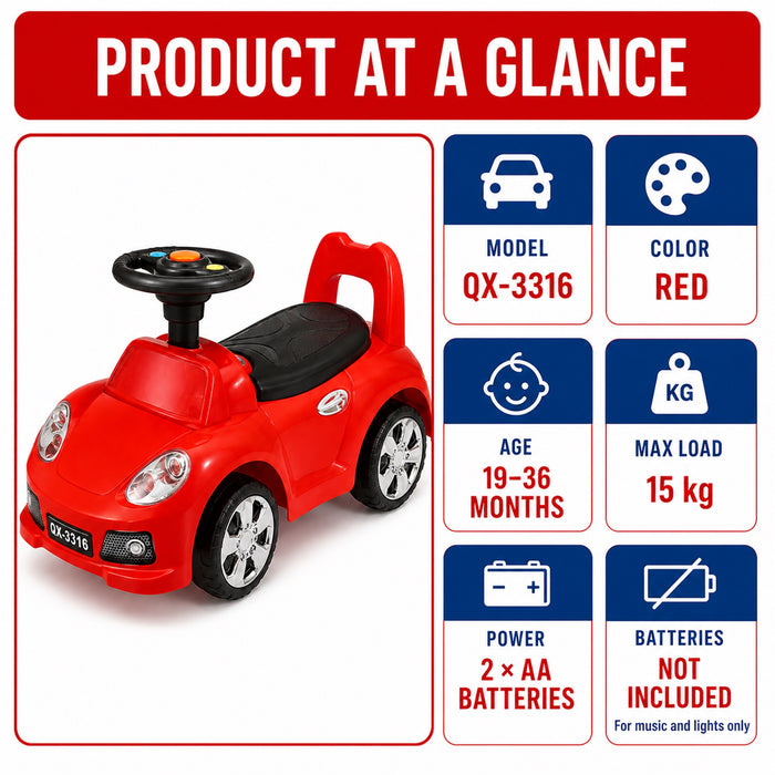 Toddler Ride-On Car with Storage, Red, Foot-to-Floor Play, Music, Model QX-3316