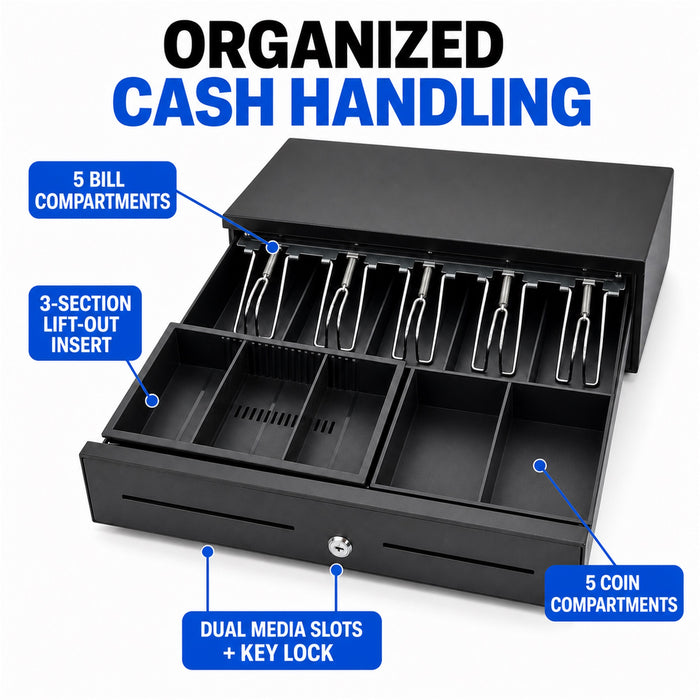 Cash Drawer for POS System, 5 Bill/5 Coin, RJ11-Style, Black