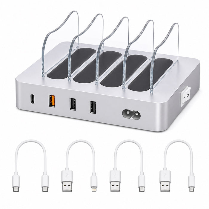 4-Port USB Charging Station, 20W PD, 4 Cables, Silver