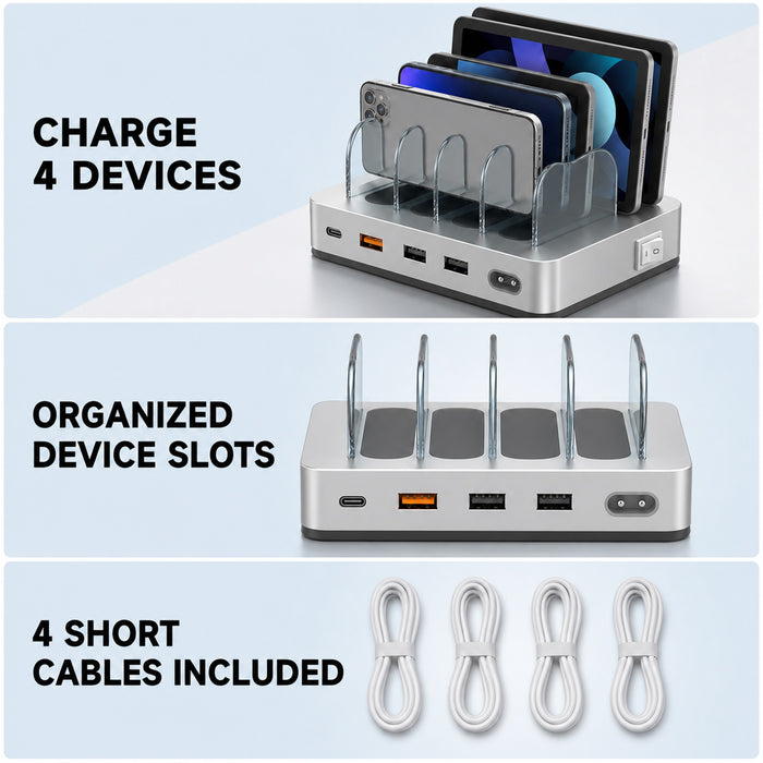 4-Port USB Charging Station, 20W PD, 4 Cables, Silver