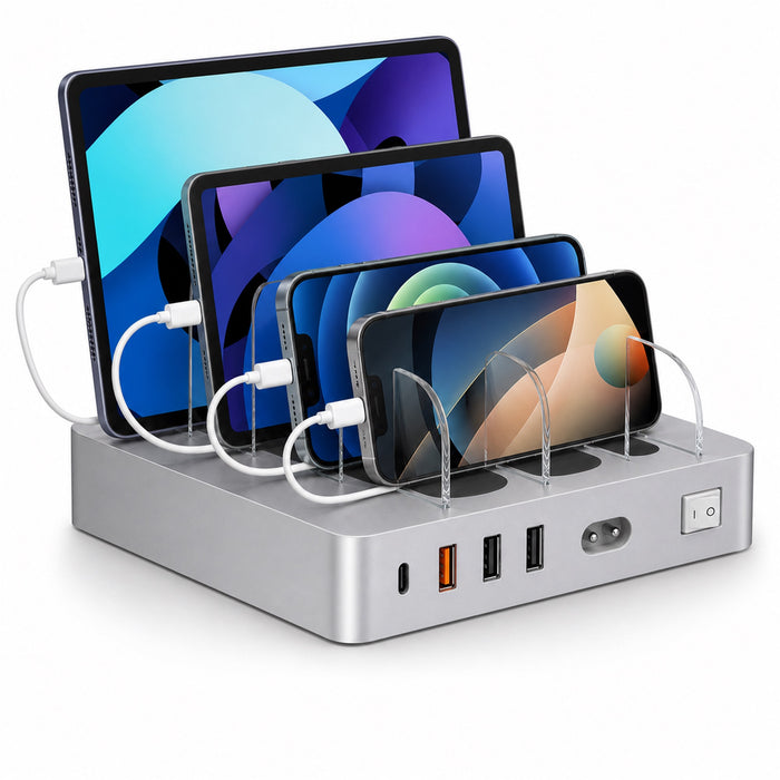 4-Port USB Charging Station, 20W PD, 4 Cables, Silver