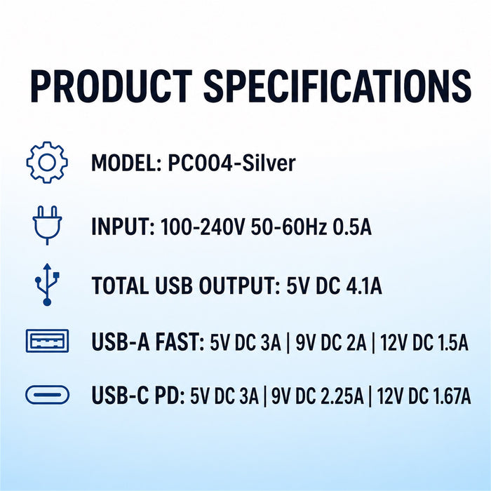 4-Port USB Charging Station, 20W PD, 4 Cables, Silver