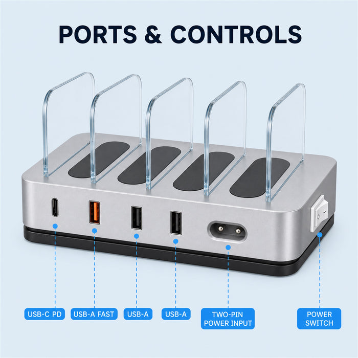 4-Port USB Charging Station, 20W PD, 4 Cables, Silver