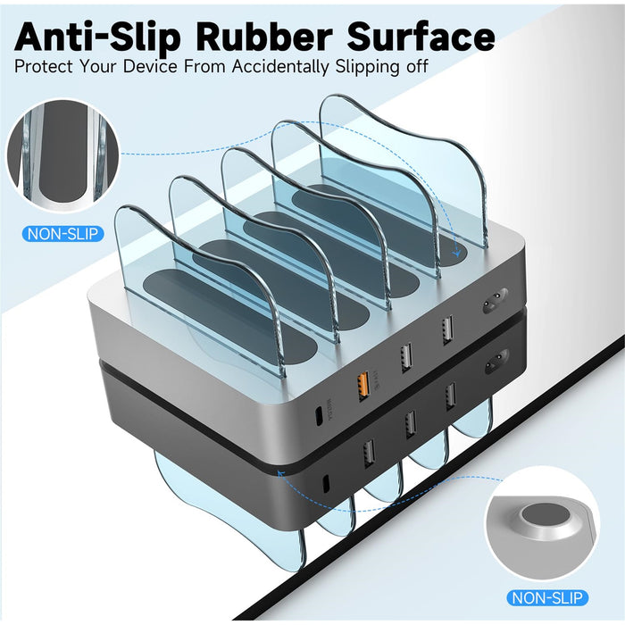 4-Port USB Charging Station, 20W PD, 4 Cables, Silver