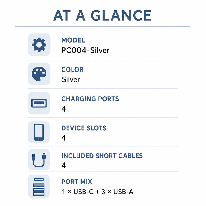 4-Port USB Charging Station, 20W PD, 4 Cables, Silver