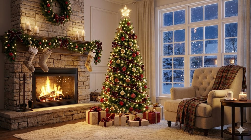 Artificial Christmas Tree Full Green PVC Holiday Tree with Metal Stand Easy Assembly, Realistic Pine Look 205cm / 6.7FT for Home, Living Room, Office Décor