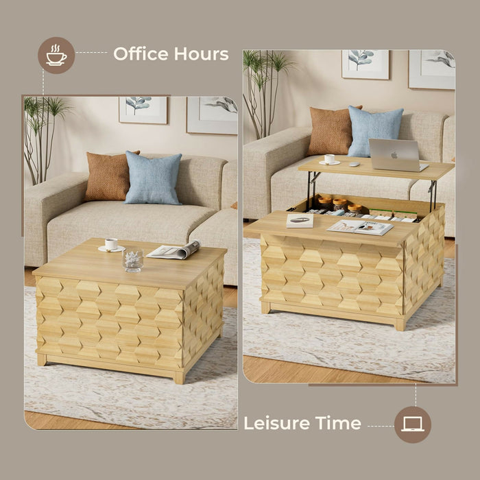 升降茶几 液壓升降枱面・隱藏收納・立體木紋設計｜Lift Top Coffee Table Hydraulic Lift Mechanism, Hidden Storage Compartment, Sliding Top Rails, 3D Textured Wood Design Modern Living Room Table 41.7”