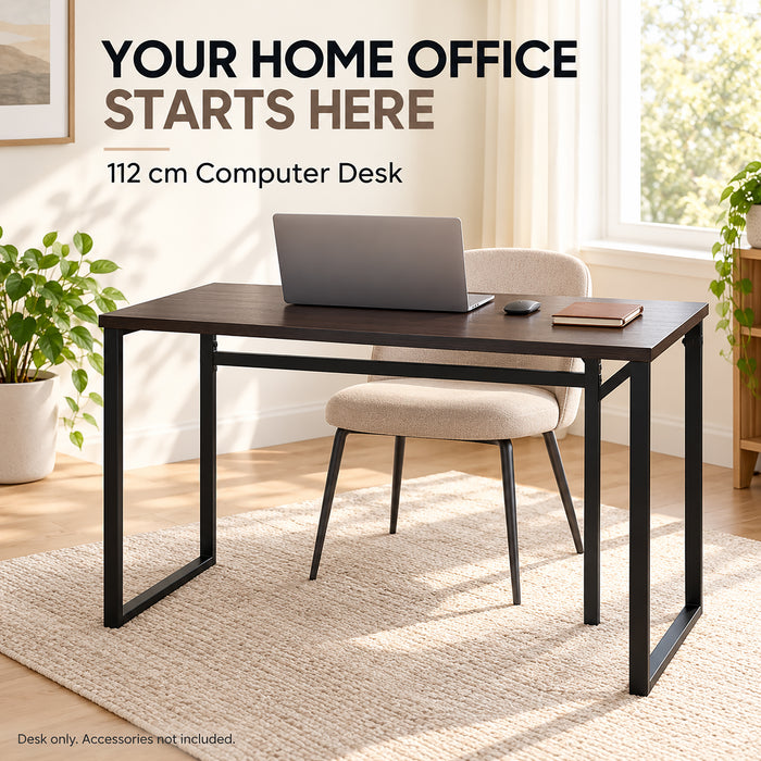 Computer Desk, Metal Frame, 112 cm, Dark Brown, for Home Office