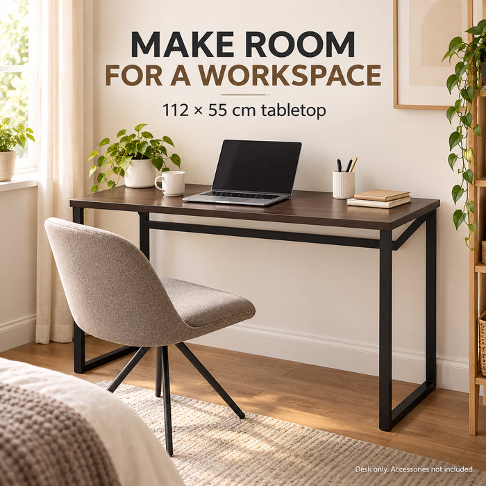 Computer Desk, Metal Frame, 112 cm, Dark Brown, for Home Office
