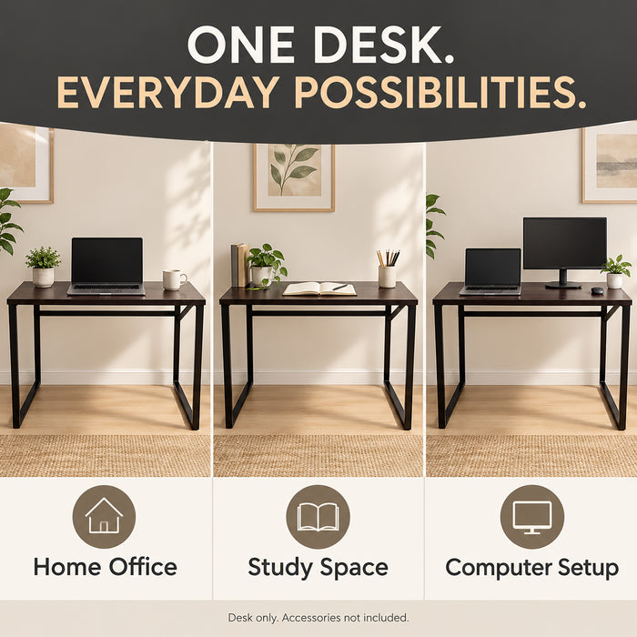 Computer Desk, Metal Frame, 112 cm, Dark Brown, for Home Office