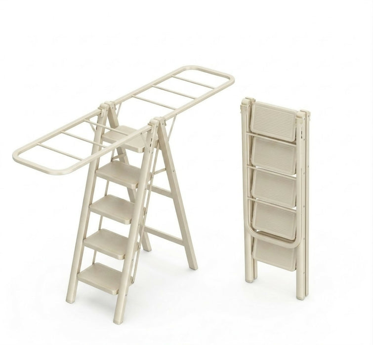 Step Ladder Drying Rack Foldable Height-Adjustable Clothes Drying Stand with Wide Non-Slip Steps 5-Step Laundry Ladder Rack Indoor Space-Saving Clothes Hanger Model LYJ5STEP