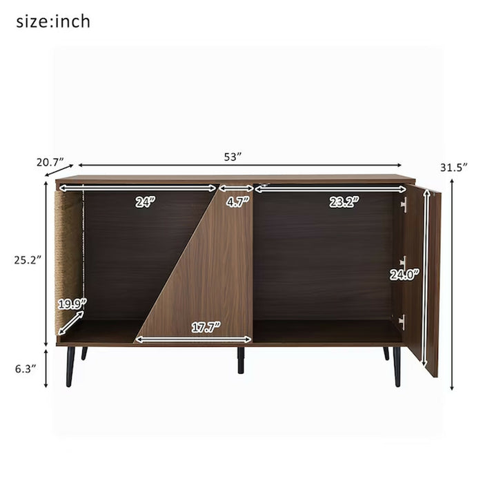 Cat Litter Box Enclosure Furniture, Modern Walnut Cat House Cabinet with Sisal Scratcher, Hidden Cat Washroom Side Table with Storage Door