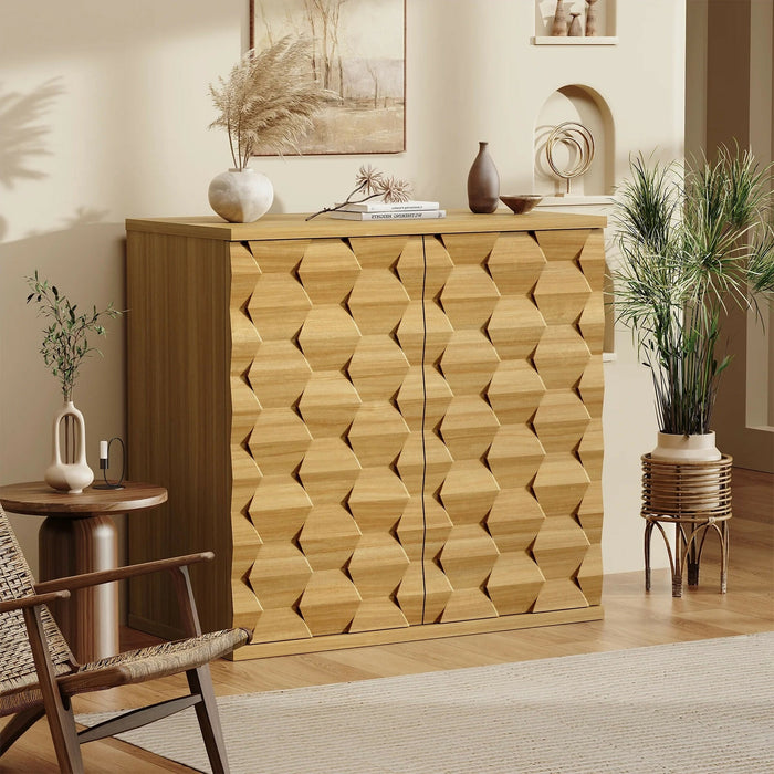 Sideboard Storage Cabinet with Doors Modern 3D Hexagon Design, Soft-Close Hinges, Handleless Push-Open, Thickened Top 31.5” Wide Buffet Cabinet for Dining Room, Living Room