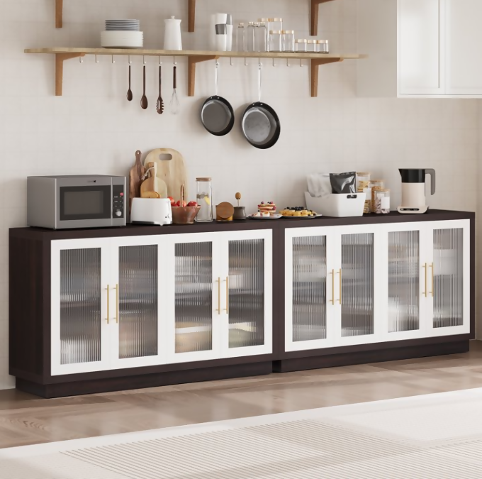 Wooden 55.1"W Modern Sideboard Buffet with Fluted Glass Doors, Accent Cabinet Console Table TV Stand, Brown & White