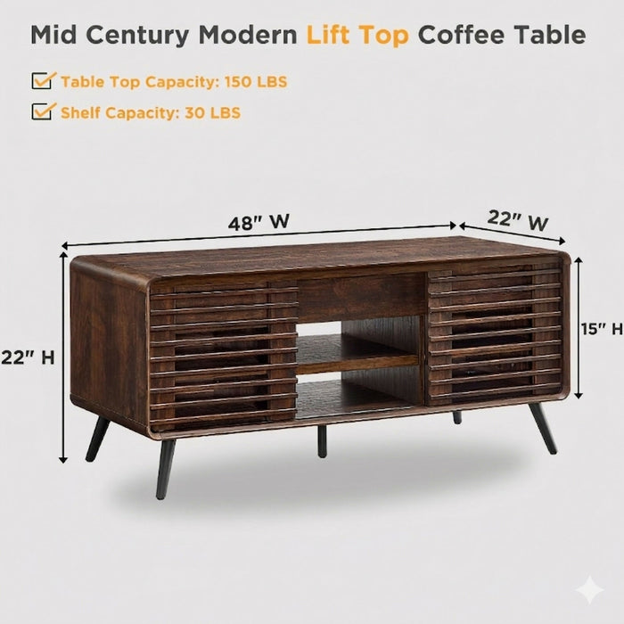 Lift Top Coffee Table, 48 Inch Mid Century Modern Coffee Table with Hidden Storage, Sliding Slatted Doors, Open Shelves, Rounded Edges, Wood Grain Finish for Living Room