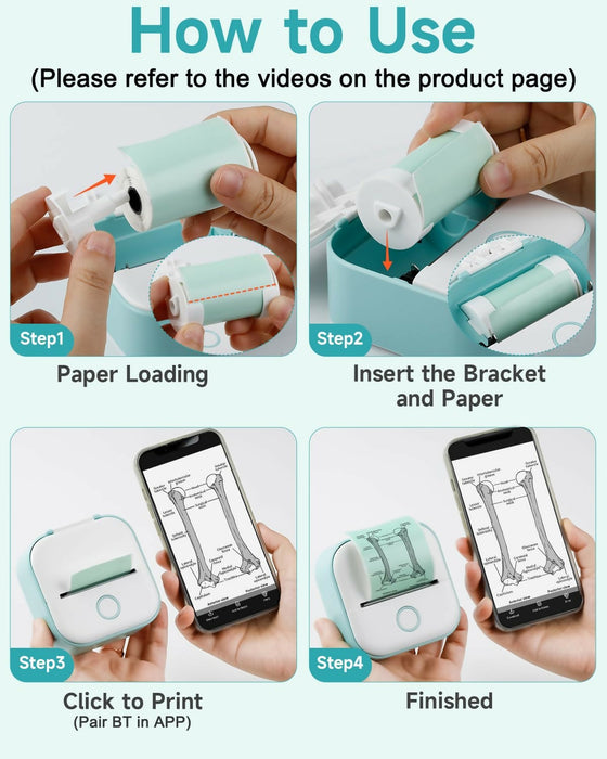 Mini Printer - T02 Portable Small Printer with 3 Rolls Paper, Sticker ...