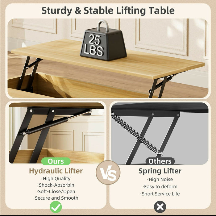 升降茶几 液壓升降枱面・隱藏收納・立體木紋設計｜Lift Top Coffee Table Hydraulic Lift Mechanism, Hidden Storage Compartment, Sliding Top Rails, 3D Textured Wood Design Modern Living Room Table 41.7”