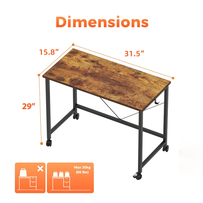 Rolling Computer Desk with Locking Wheels, 32-Inch, Brown