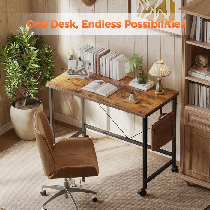 Rolling Computer Desk with Locking Wheels, 32-Inch, Brown