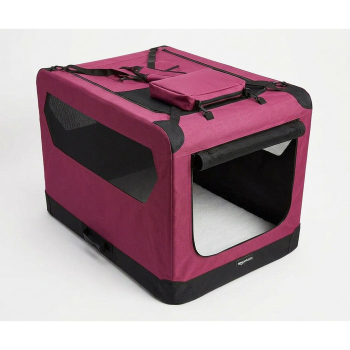 Soft Dog Crate 91 cm Foldable Portable Pet Carrier with Mesh Windows, Top & Front Openings, Carry Handles, Shoulder Strap & Washable Fleece Pad Red Indoor Travel Crate