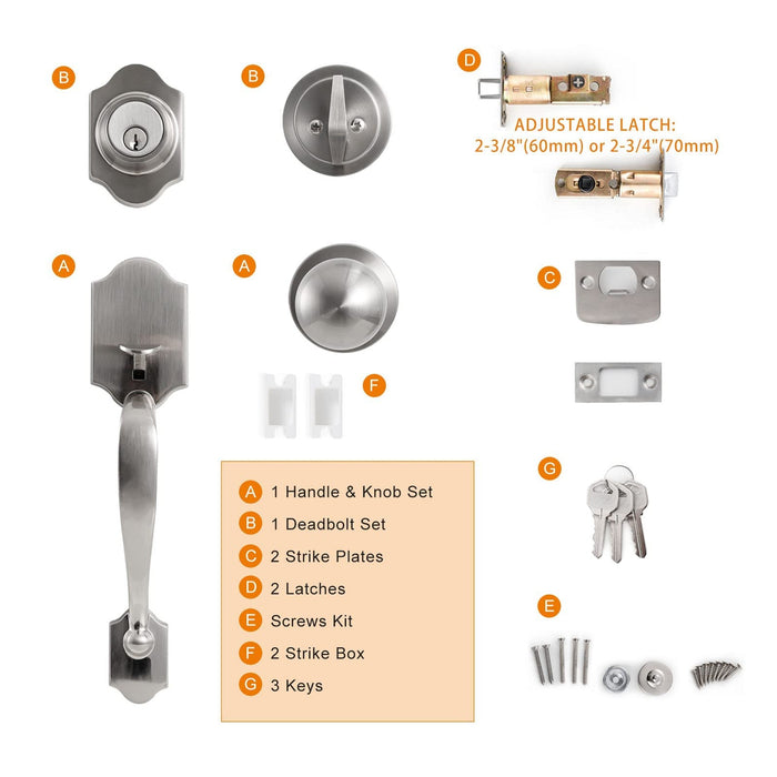 Front Door Handle Set, Deadbolt, Satin Nickel, Reversible