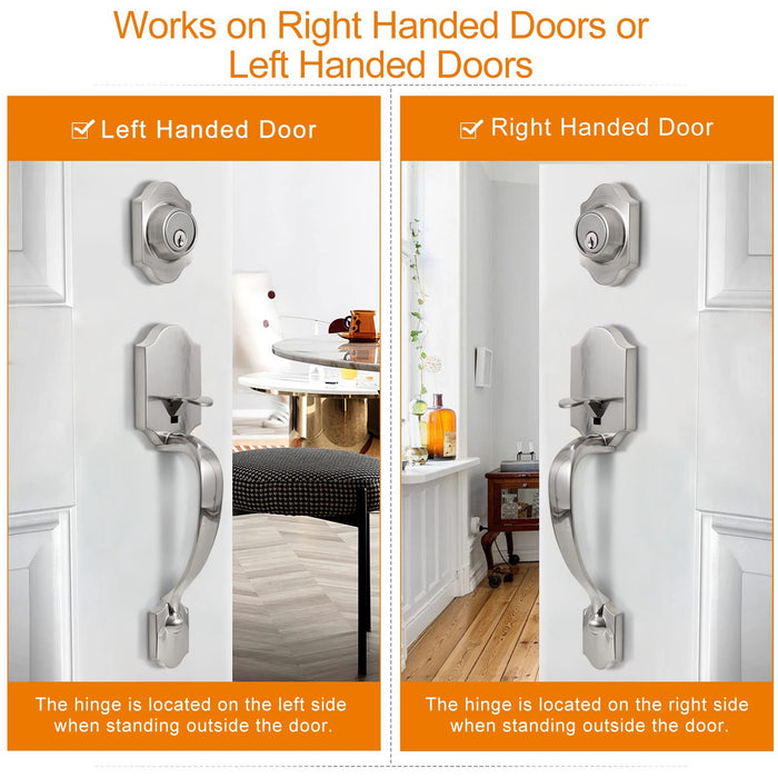Front Door Handle Set, Deadbolt, Satin Nickel, Reversible