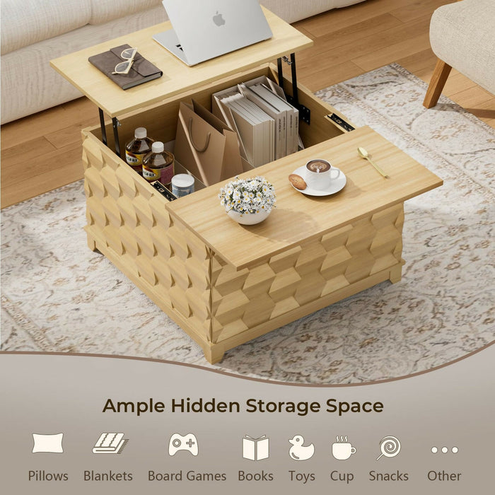升降茶几 液壓升降枱面・隱藏收納・立體木紋設計｜Lift Top Coffee Table Hydraulic Lift Mechanism, Hidden Storage Compartment, Sliding Top Rails, 3D Textured Wood Design Modern Living Room Table 41.7”