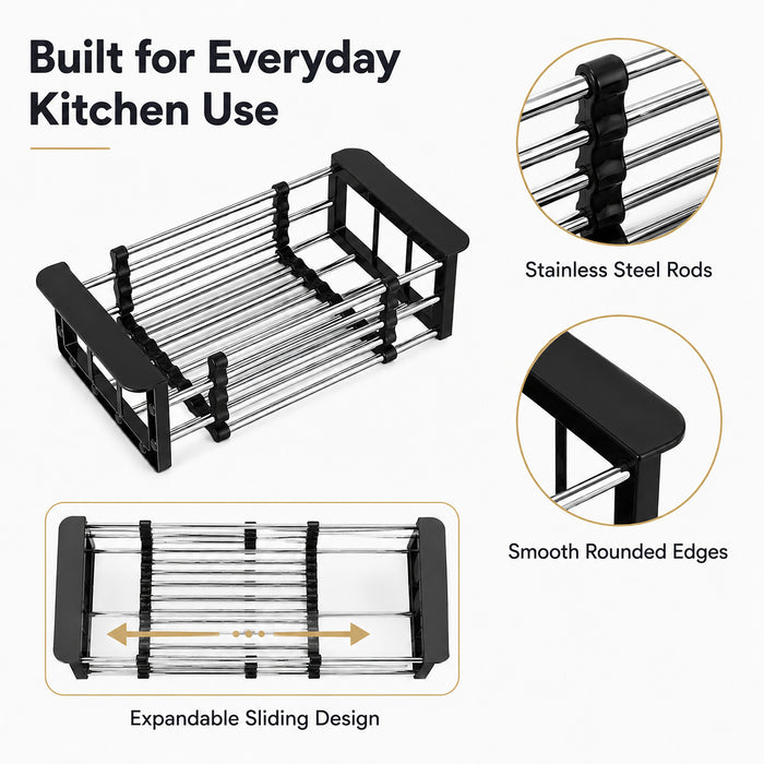 Expandable Sink Drain Basket, Stainless Steel Dish Rack, Black