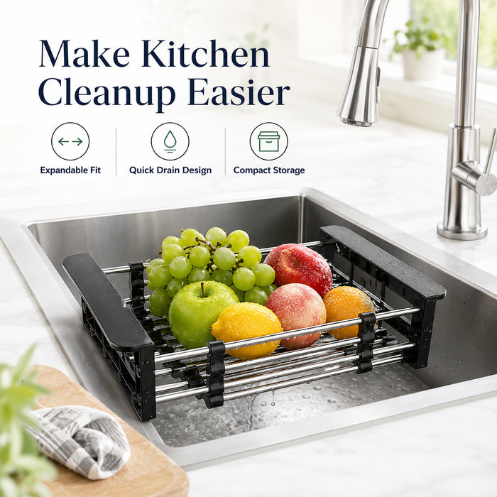 Expandable Sink Drain Basket, Stainless Steel Dish Rack, Black