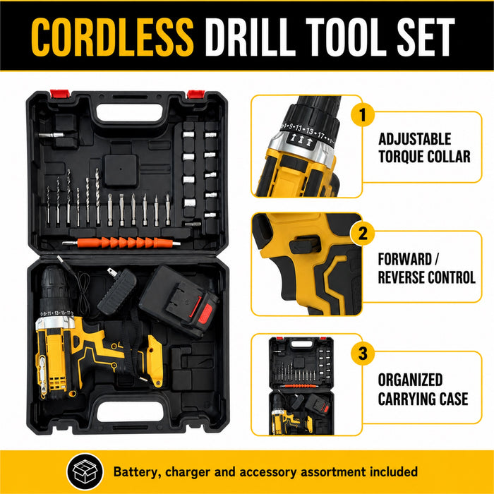 Cordless Drill Tool Set with Battery, Charger, Bits and Case