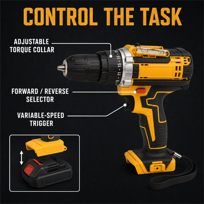 Cordless Drill Tool Set with Battery, Charger, Bits and Case