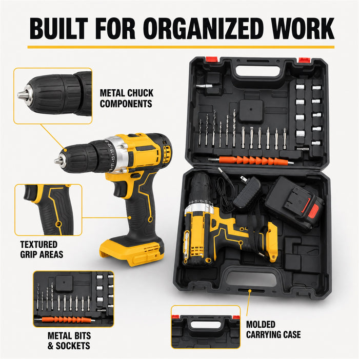 Cordless Drill Tool Set with Battery, Charger, Bits and Case