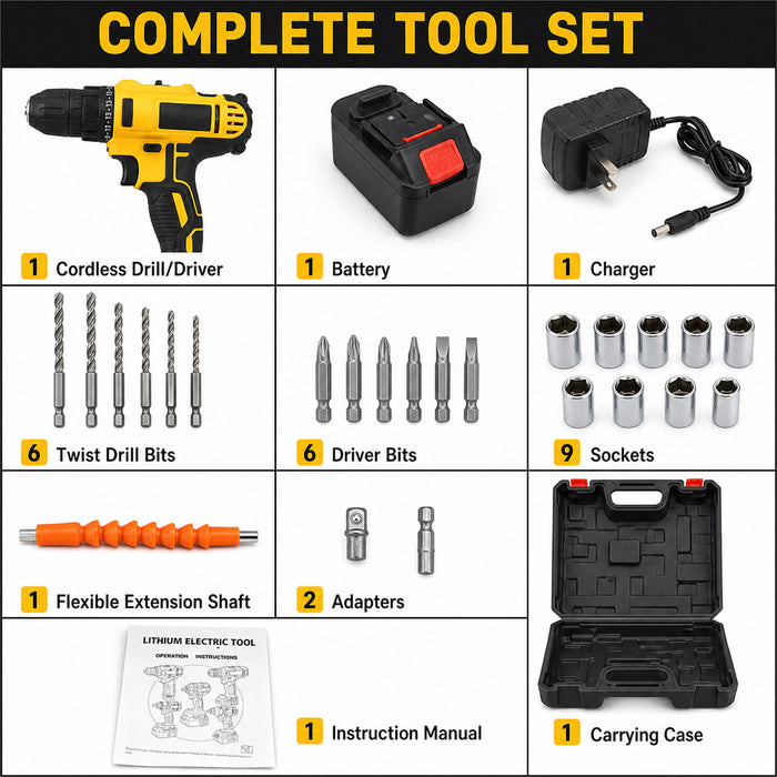 Cordless Drill Tool Set with Battery, Charger, Bits and Case