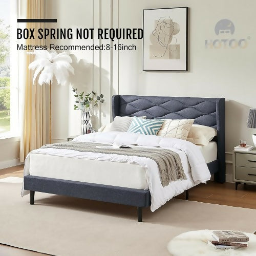 HOTOO Upholstered Platform Bed Frame, King Size Bed with Wood Frame, Linen Fabric Headboard, No Box Spring Required