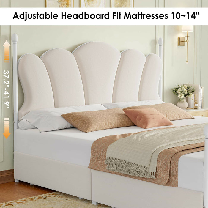 Velvet Upholstered Full-Size Bed Frame with 4 Storage Drawers, Cloud-Shaped Headboard, Sturdy Metal Slat Support, No Box Spring Required, Beige