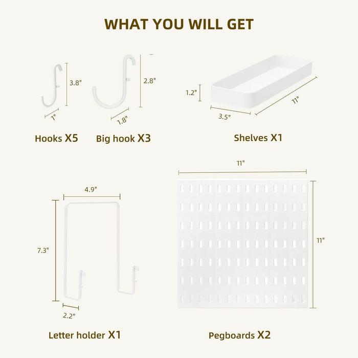 VUSIGN Pegboard Combination Wall Organizer Kit, 2 Pieces Pegboards and 10 Accessories Modular Hanging, Wall Mount Display Peg board Panel Kits for Bedroom, Home, Office, Bathroom, 11" x 22", White