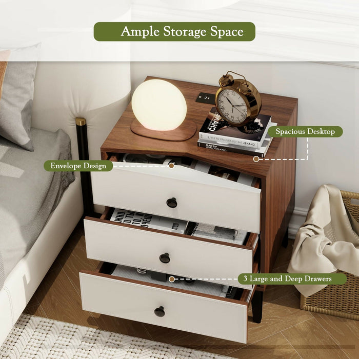 Nightstand with Charging Station, 3 Drawer Wood Bedside Table with Leather-Style Fronts, AC Outlet + USB + Type-C, Modern End Table for Bedroom Living Room Apartment