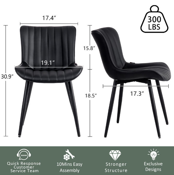 Dining Chairs Set of 2,Mid Century Modern Kitchen Chairs,Upholstered Fabric Armless Dinning Side Chairs with Back and Metal Legs for Kitchen,Dining Room,Living Room, Black