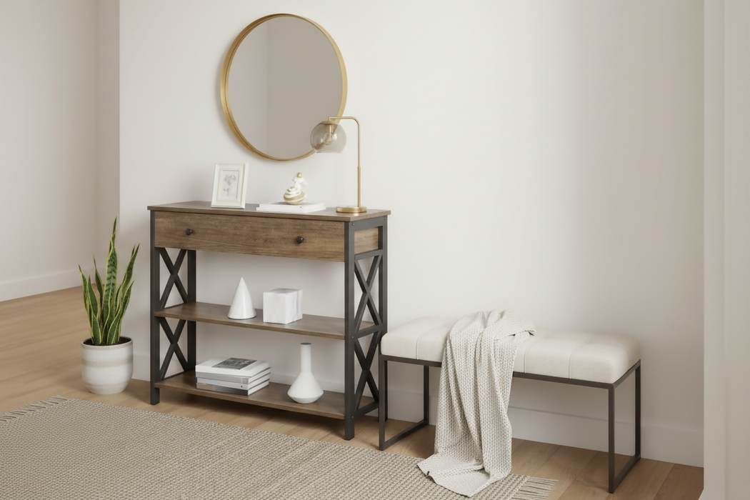 Industrial Console Table with Drawer – 100cm Narrow Entry Table with 2-Tier Storage Shelves and Metal Frame, Taupe Wood