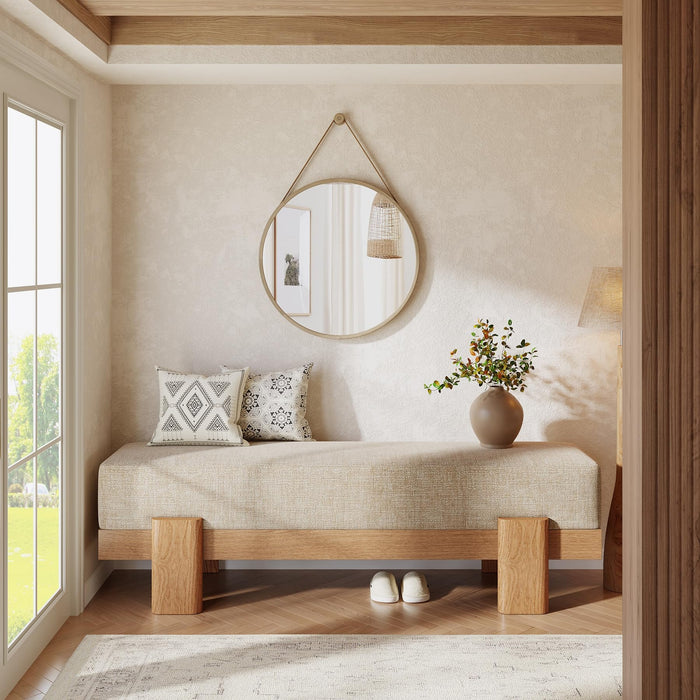 55-Inch Upholstered Entryway Bench, Padded Seat, Beige and Oak