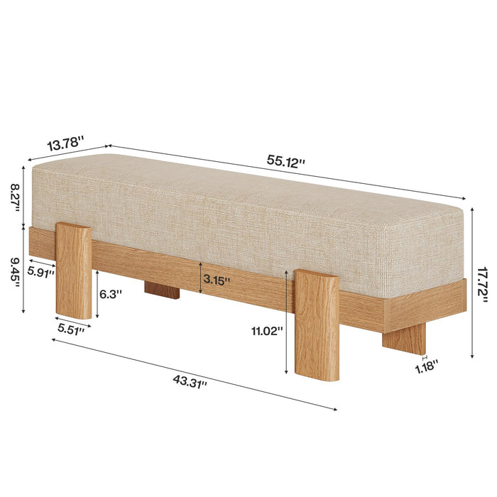 55-Inch Upholstered Entryway Bench, Padded Seat, Beige and Oak