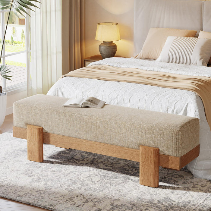 55-Inch Upholstered Entryway Bench, Padded Seat, Beige and Oak