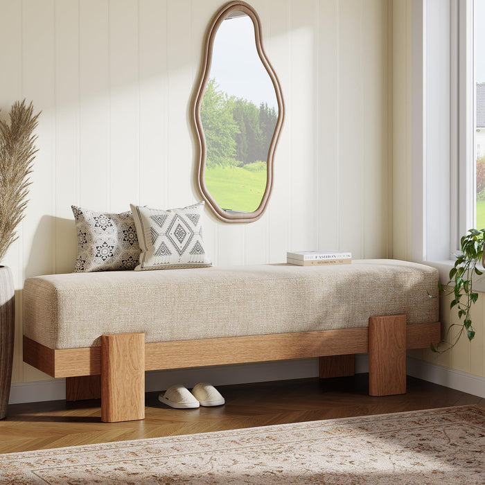 55-Inch Upholstered Entryway Bench, Padded Seat, Beige and Oak