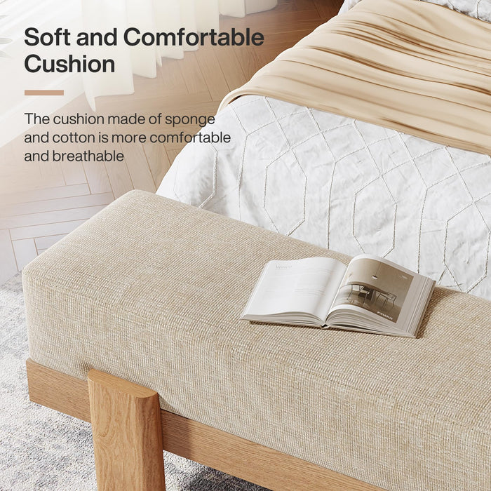 55-Inch Upholstered Entryway Bench, Padded Seat, Beige and Oak
