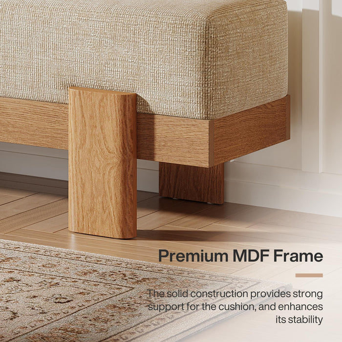 55-Inch Upholstered Entryway Bench, Padded Seat, Beige and Oak