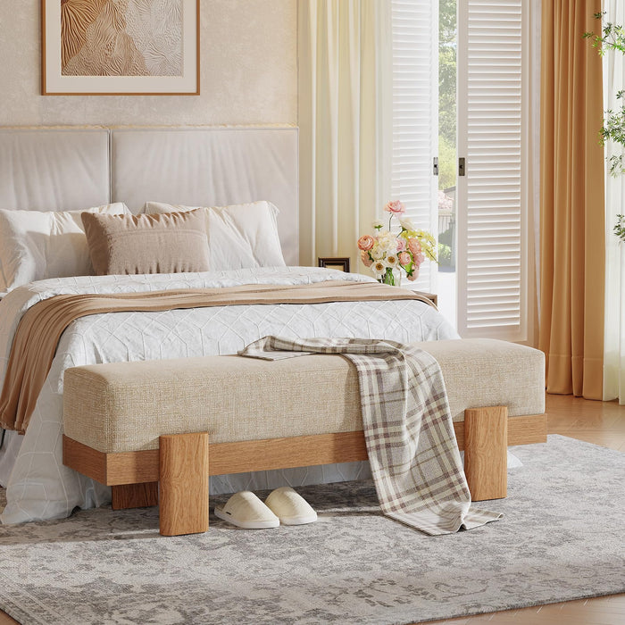 55-Inch Upholstered Entryway Bench, Padded Seat, Beige and Oak
